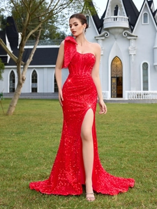 Elegant Single Shoulder Sequined Evening Gown For Women Sexy High Slit Bow Decoration Formal Party Wedding Banquet Maxi Dress