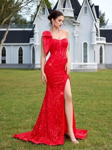 Elegant red sequined one-shoulder evening gown with bow and high slit fishtail hem