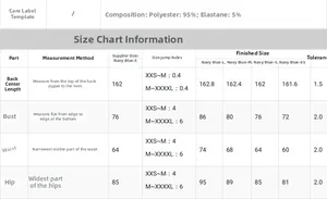 Size chart for navy sequin one shoulder evening dress with polyester spandex material details
