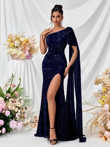 Sparkly dark blue sequin one-shoulder dress with side slit and cape sleeve for evening party