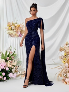 Women's Elegant One Shoulder Sequin Evening Gown Sexy Side Slit High Waist Maxi Dress For Banquet Wedding Party