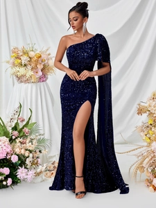 Elegant navy blue sequined one-shoulder evening gown with a high side slit for formal parties