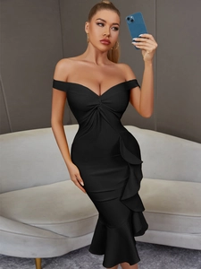 Robe Bandage à Épaules Dénudées pour Femmes Élégante avec Volants Ourlet Queue de Poisson Midi pour Soirée Club