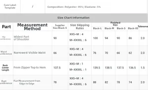 Size chart for off-shoulder split evening dress with fabric and measurement details
