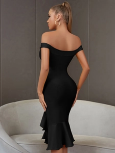 Robe bandage noire élégante à épaules dénudées et ourlet sirène pour soirée formelle