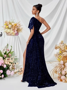 Elegant navy blue one-shoulder sequin evening dress with high slit and mermaid silhouette