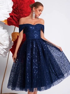 Robe de Soirée Bleu Marine Épaules Dénudées Paillettes Maille Élégante Géométrique Scintillante Robe de Cocktail pour Femmes Tenue de Soirée