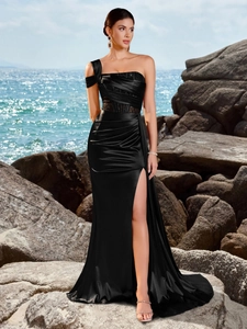 Elegant Women One Shoulder Satin Evening Dress High Slit Lace Patchwork Formal Party Gown Waist Corset Luxurious Prom Dress