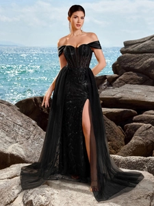 Elegant black off-shoulder evening gown with sequined lace and high slit skirt