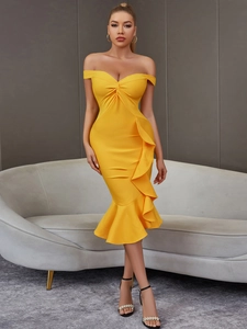 Robe bandage jaune à épaules dénudées avec ourlet à volants et coupe sirène élégante