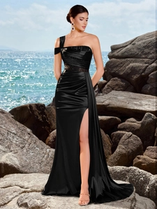 Elegant black satin one-shoulder evening gown with lace waist detail and high side slit