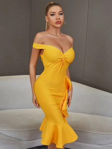 Robe bandage jaune vif à épaules dénudées avec détails à volants et coupe moulante