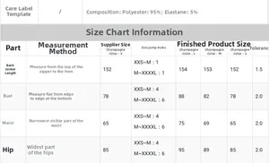 Size chart for sequin party dress showing polyester and elastane fabric details