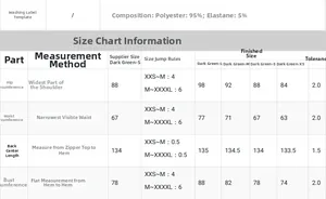 Detailed size chart for dark green split evening dress with fabric and measurement specs