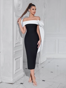 Robe Midi Bandage à Épaules Dénudées avec Grand Nœud pour Femmes Élégante Patchwork Bodycon Robe de Soirée Polyester