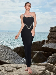 Women Luxury One Shoulder Evening Dress Elegant Rhinestone Beaded Slim Fit Bodycon Long Party Dress Sexy Cut Out Slit Gown