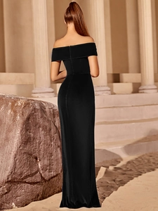 Elegant black velvet off-shoulder evening gown with high slit and slim fit back view