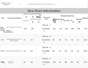 Detailed size chart for rose red evening gown with material specs and measurements