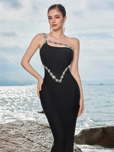 Elegant black one-shoulder evening dress with rhinestone details and cutout design