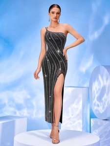 Women's Sexy One Shoulder Rhinestone Evening Dress Mesh High Slit Bodycon Maxi Gown Elegant Party Banquet Dress