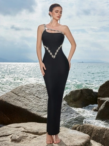 Elegant black off-shoulder bodycon evening dress with sparkling V-shaped crystal detailing