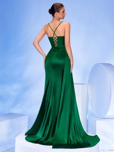 Elegant emerald green satin evening dress with spaghetti straps and a cross-back design