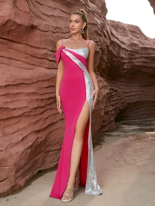 Elegant fuchsia and silver sequin evening gown with high slit and thin straps