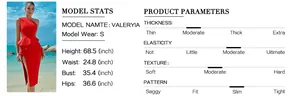 Detailed size guide and model stats for the red one-shoulder sleeveless slit dress