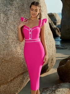 Hot pink bandage dress with heart neckline, white lace ruffles and decorative buttons