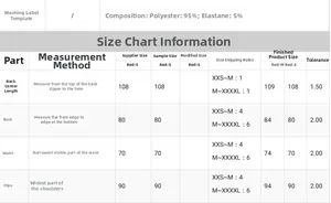 Size chart showing polyester and elastane fabric composition and measurements for the dress