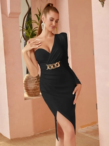 Elegant black one-shoulder midi dress with gold chain belt and waist ruching details