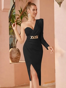 Women Sexy One Shoulder Asymmetrical Midi Dress Elegant Party Evening Solid Color Slit Slim Fit With Metal Chain Belt