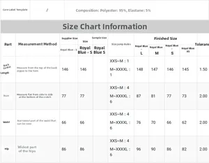 Size chart showing material composition of 95% polyester and 5% elastane for the blue dress