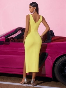 Élégante robe midi jaune vif à col en V dos nu avec fente latérale haute pour femme