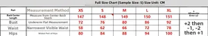 Detailed size chart for the off-shoulder slim dress showing CM measurements