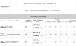 Size chart for black strapless evening dress showing bust waist and hip measurements