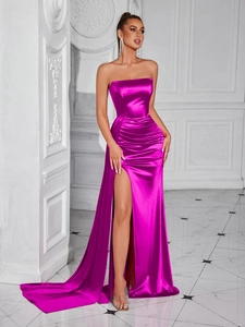 Abito da Sera Fuchsia a Fascia con Scollo a Barca Sexy Schiena Scoperta Spacco Alto Look Satinato con Nastri per Donna Festa