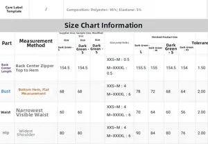Size chart for the off-shoulder evening dress with polyester and elastane measurements