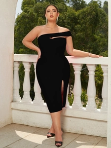 Detailed view of black off-shoulder plus size evening dress with elegant side slit detail
