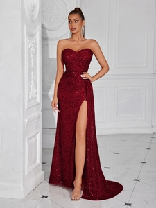 Women Elegant Strapless Sequin Evening Gown High Slit Floor Length Banquet Party Dress Slim Fit Formal Maxi Prom Dress