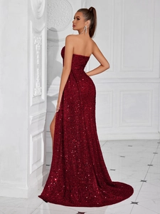 Elegant burgundy sequin strapless evening gown with thigh-high slit and floor-length hem