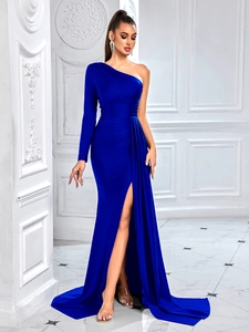 Elegant royal blue one shoulder evening gown with side slit and waist ruching details