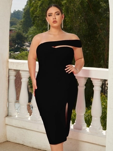 Detail of elegant black off-shoulder midi dress featuring chest cutout and side slit design