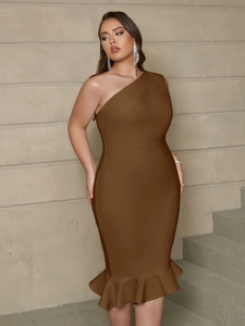 Detail of dark brown one-shoulder bandage dress with a ruffled fishtail hemline