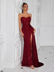 Elegant wine red sequin strapless evening gown with thigh-high slit and slim fit silhouette