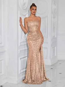 Detail of rose gold sequin evening dress with slim fit and high side slit design