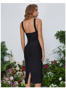 Elegantes schwarzes figurbetontes Partykleid mit Trägern und Rückenschlitz auf Blumengrund