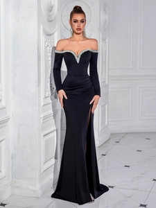Elegant black off-the-shoulder long sleeve evening gown with beaded neckline and high slit