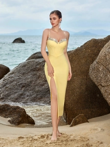 Elegant yellow high slit bandage dress with rhinestone straps and slim fit design