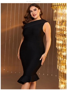 Close-up of elegant black one-shoulder evening gown with ruffled fishtail hem detail